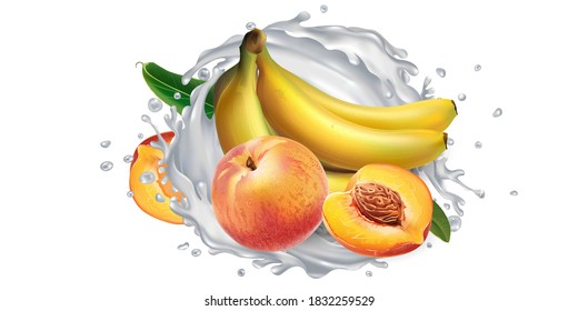 Bananas and peaches in a milk or yogurt splash.