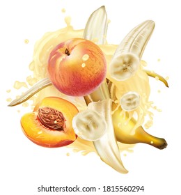 Bananas and peaches in a milkshake splash.