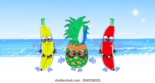 Bananas and pineapple. Dancing on the beach. Vector illustration.