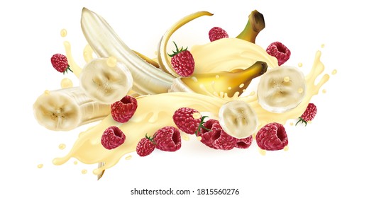 Bananas and raspberries in a milkshake or yogurt splash.