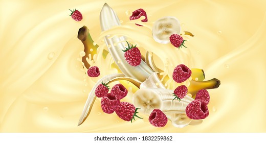 Bananas and raspberries in a splash of milkshake or yogurt.