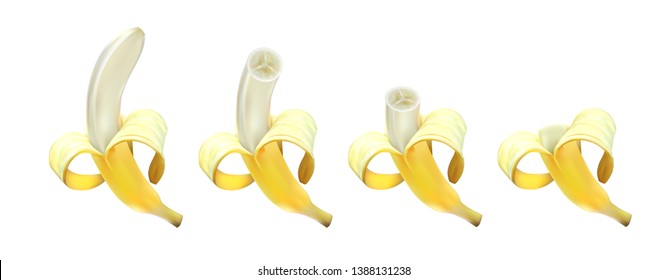 Bananas realistic set 3d illustration. Whole, half peeled, banana peel. Tasty sweet yellow bananas for advertising and package design. Isolated on white eps10 - Vector