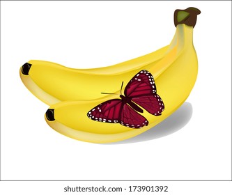 bananas and red butterfly on a white background