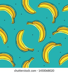 Bananas seamless pattern on a blue background. Yellow banana. Wrapping paper, banner, poster, print. Vector illustration.