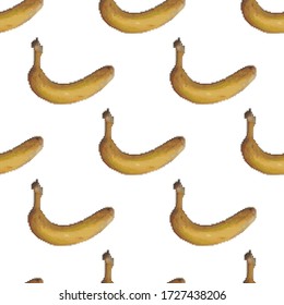 Patrón de plátanos sin fisuras en un fondo blanco. Gráficos de píxeles. Fruta tropical. Ilustración .Vector de 8 bits.