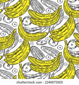 Patrón de plátanos sin fisuras en un fondo blanco. Banana amarilla. Papel envuelto, pancarta, afiche, impresión. Ilustración vectorial.