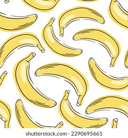 Bananas seamless pattern on a white background. Yellow banana. Wrapping paper, banner, poster, print. Fresh Banana Icon Vector Illustration.