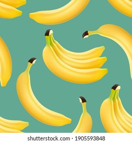 Bananas are a seamless pattern. One banana and a bunch of three bananas, seamless background. Bananas on a turquoise background, for fabrics, textures, etc.