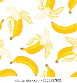 Bananas seamless pattern. Tropical fruit background. Vector cartoon flat illustration. Peeled banana and whole.