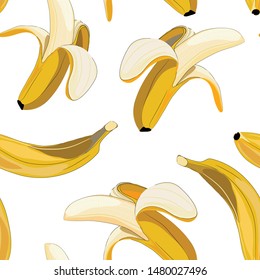 Bananas seamless pattern. Vector illustration of bananas on white background
