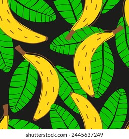 Bananas seamless pattern. Vector illustration. Yellow bananas on a black dark background infinity tile