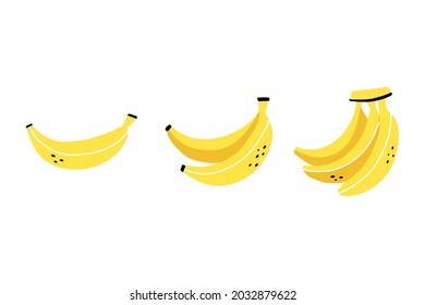 Bananas set. Exotic tropical fresh fruit, whole fruits in row, vector cartoon minimalistic style isolated illustration, print or banner, label or poster, sticker