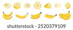 Bananas set. Sliced, whole, pieces, bananas bunch, vector elements isolated on a white background. Diet menu. Vector illustration. 