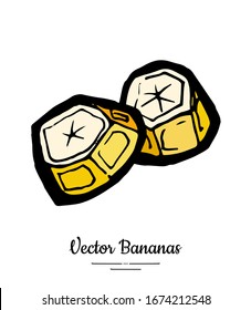 Bananas set vector isolated. Two chopped banana slices pieces. Yellow sweet fruits collection hand drawn. Food vegetarian logo icon sketch ink style. Fruit yellow banana illustration white background