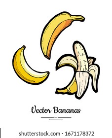 Bananen setzen Vektorillustration einzeln. Ganze geschälte Banane. Gelbe Früchte Sammlung handgezeichnet. Essen vegetarisches Logo Symbol Skizze Tinte Stil. Obstbanane einzeln auf weißem Hintergrund. Trendmenü