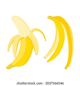 Se establecen plátanos. Frutas y cáscara abiertas enteras, ilustración vectorial