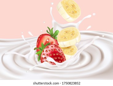 Bananas slice and fresh strawberry splashing. Season sweet of tropical fruits. 3d realistic vector. Food concept design.