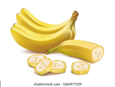Bananas slice isolated on white background. Vector 3D illustrate. 