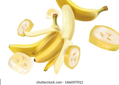 白い背景にバナナとエレメントのスライスデザイン広告 熱帯の果物の甘い季節 3dイラストのリアルなベクター画像 食べ物のコンセプトデザイン のベクター画像素材 ロイヤリティフリー Shutterstock
