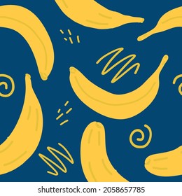 bananas slices and doodles vector seamless pattern. hand drawn. illustration for wallpaper, wrapping paper, textile, background. yellow juicy summer fruit trendy color 2022