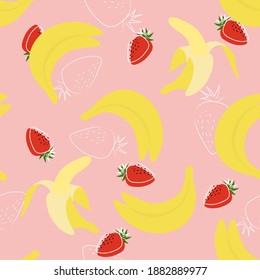 Bananas and strawberries flat hand drawn  seamless pattern on pink background for typography, textiles or packaging design. 