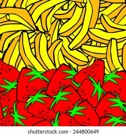 bananas and Strawberry vector, mountain lots of ripe fruit, cartoon cheerful fruits,