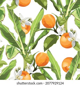 Bananas tree. Seamless floral pattern with exotic banana grass with orange fruits and flowers. Tropical pattern on a white background. 