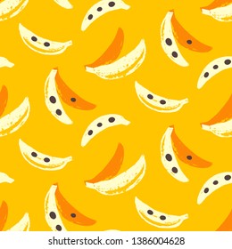 Bananas tropic seamless pattern. 70s, 80s hand drawn funky vector illustration. Contemporary abstract geometric fashion textile, wallpaper, wrapping paper, packaging design 
