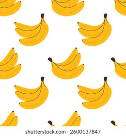 Bananas. Tropical fruit. Seamless pattern with yellow ripe banana on white background. For textile, wrapping paper, postcards or covers. Flat illustration. 