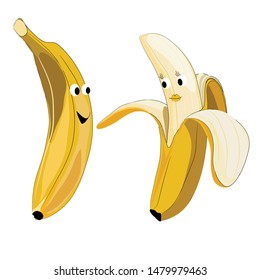 Bananas. Vector illustration of two bananas with drawing eyes and lips on white background