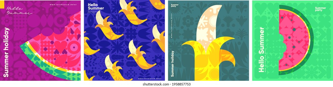 Bananas, watermelon Flat vector illustration. Summer time, background patterns on the theme of summer, vacation, weekend, beach. Perfect background for posters, cover art, flyer, banner.