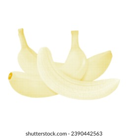 Bananas whole and peeled isolated, from yellow circle dots of different sizes on white background