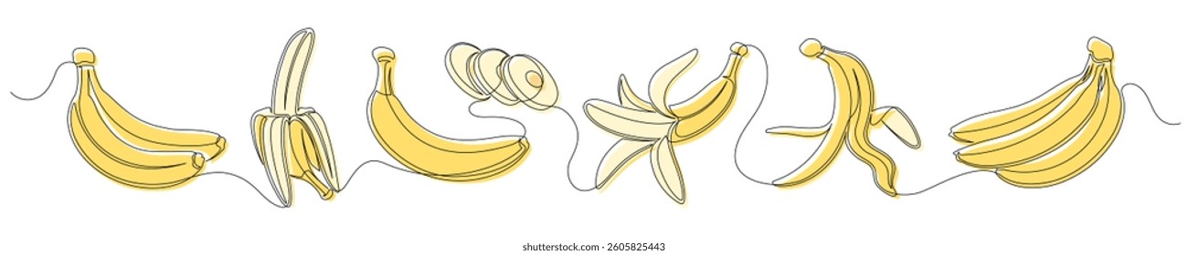 Bananas yellow continuous one line drawing set isolated on a white background. Horizontal banner. Outline banana fruit collections. Editable stroke. Vector illustration