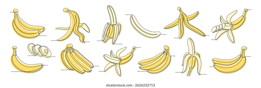 Bananas yellow continuous one line drawing set. Outline banana fruit icon collections isolated on a white background. Editable stroke. Vector illustration