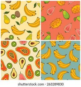 Bananas,kiwi, papaya and pear pattern set, vector Illustration. Exotic fruit. Hand-drawn style.