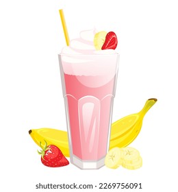 Banana-strawberry milkshake.A healthy cocktail with banana and strawberries.Vector illustration.