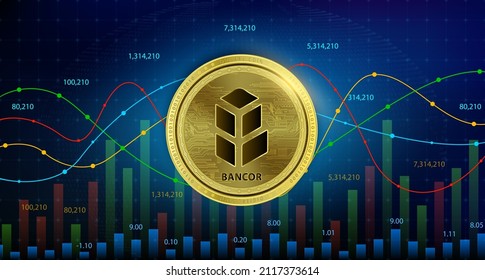 Bancor (BNT) coin cryptocurrency blockchain Future digital currency replacement technology alternative currency, Silver golden stock chart number up down is background 3D Vector illustration.