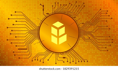 Bancor Network Token BNT cryptocurrency symbol of the DeFi project in circle with PCB tracks on gold background. Currency wallet icon. Decentralized finance programs. Vector EPS10.