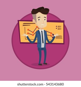 Bancrupt sobre el fondo de la tabla decreciente. Bancrupt hombre de negocios con brazos extendidos. El concepto de bancarrota empresarial. Ilustración de diseño plana vectorial en el círculo aislado en el fondo.