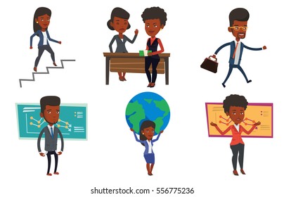 Bancrupt sobre el fondo de la tabla decreciente. Bancrupt hombre de negocios con brazos extendidos. El concepto de bancarrota empresarial. Conjunto de ilustraciones de diseño plano vectorial aisladas en fondo blanco.