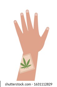 Band aid with cannabidiol on the hand isolated on white background. Concept illustration. The benefits of cannabidiol.