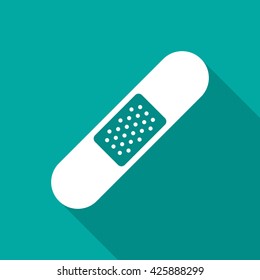 Band aid icon with long shadow. Flat design style. Medical patch silhouette. Simple green icon. Modern flat icon in stylish colors. Web site page and mobile app design vector element.