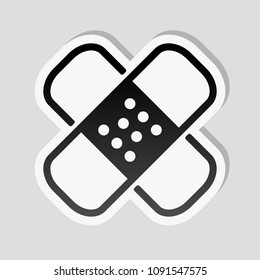 Band aid icon. Plaster sign. Couple of patches. Simple linear icon with thin outline. Sticker style with white border and simple shadow on gray background