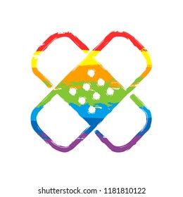 Band Aid Icon. Plaster Sign. Couple Of Patches. Simple Linear Icon With Thin Outline. Drawing Sign With LGBT Style, Seven Colors Of Rainbow (red, Orange, Yellow, Green, Blue, Indigo, Violet