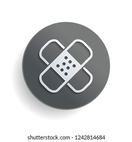 Band aid icon. Plaster sign. Couple of patches. Simple linear icon with thin outline. White paper symbol on gray round button or badge with shadow