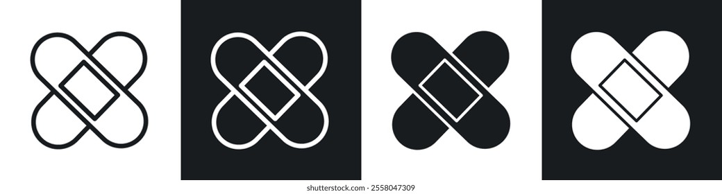 Band aid icons pack in black and white filled and outlined versions.