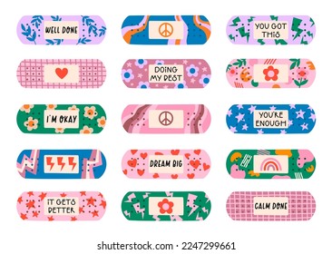 Band aid vector illustrations set. Colourful groovy patches. Motivational positive stickers