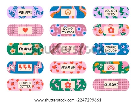 Band aid vector illustrations set. Colourful groovy patches. Motivational positive stickers