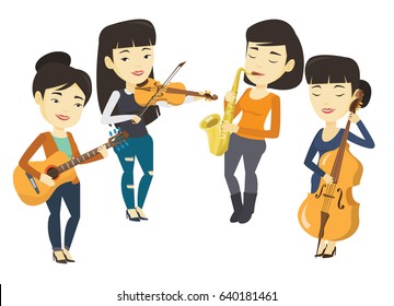 Band of asian musicians playing on musical instruments. Musicians playing on musical instruments. Musicians performing with instruments. Vector flat design illustration isolated on white background.