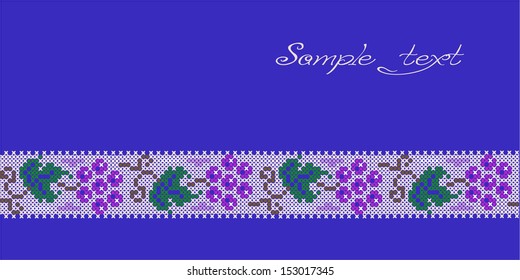 The band with branches of grapes on a blue background. Imitation embroidery